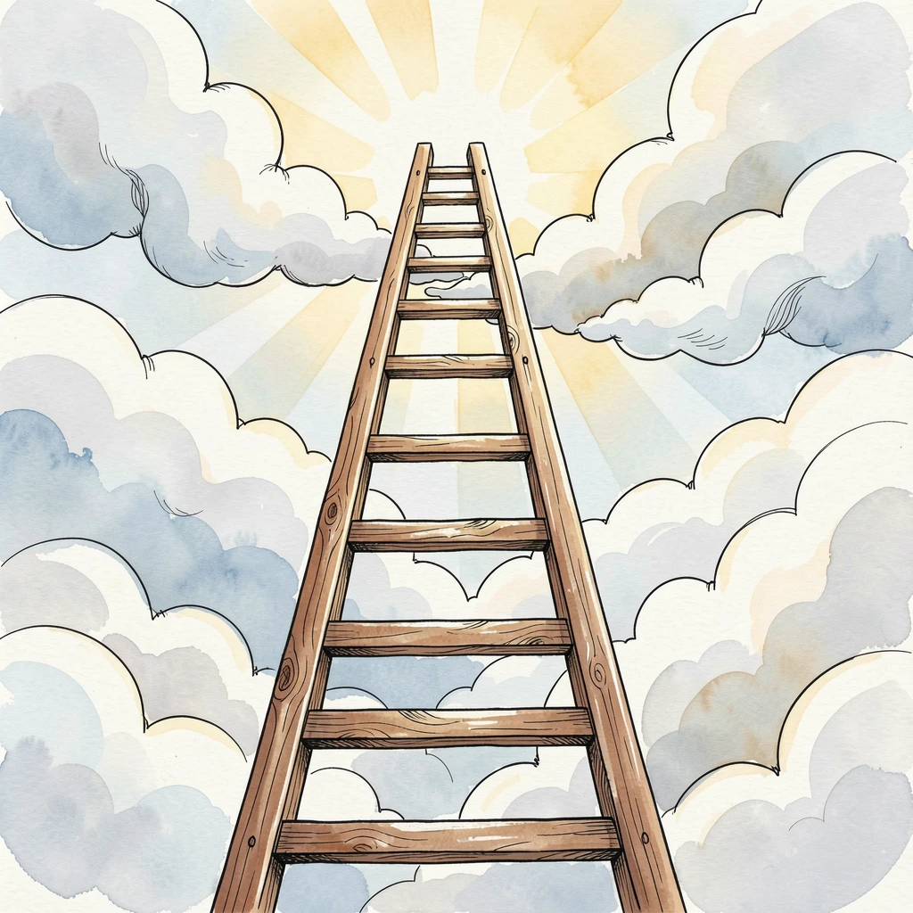 A ladder reaching up through clouds toward a burst of sunlight, soft light breaking through to suggest new beginnings.