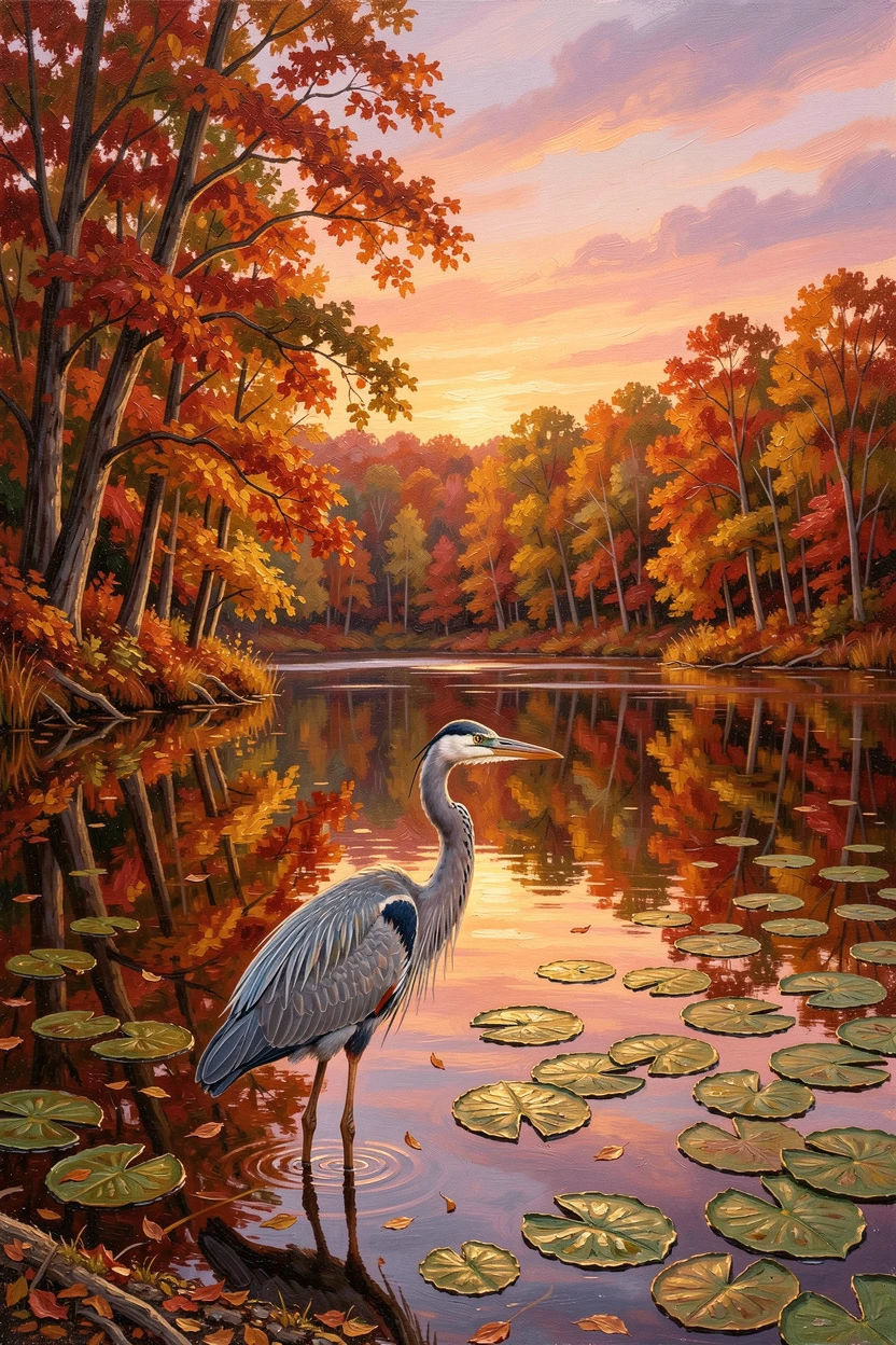 With lily pads scattered across the surface near the shore, a glassy lake ringed by autumn-colored trees, a heron wading silently through the shallows, at sunset, the sky reflected perfectly in the still water.