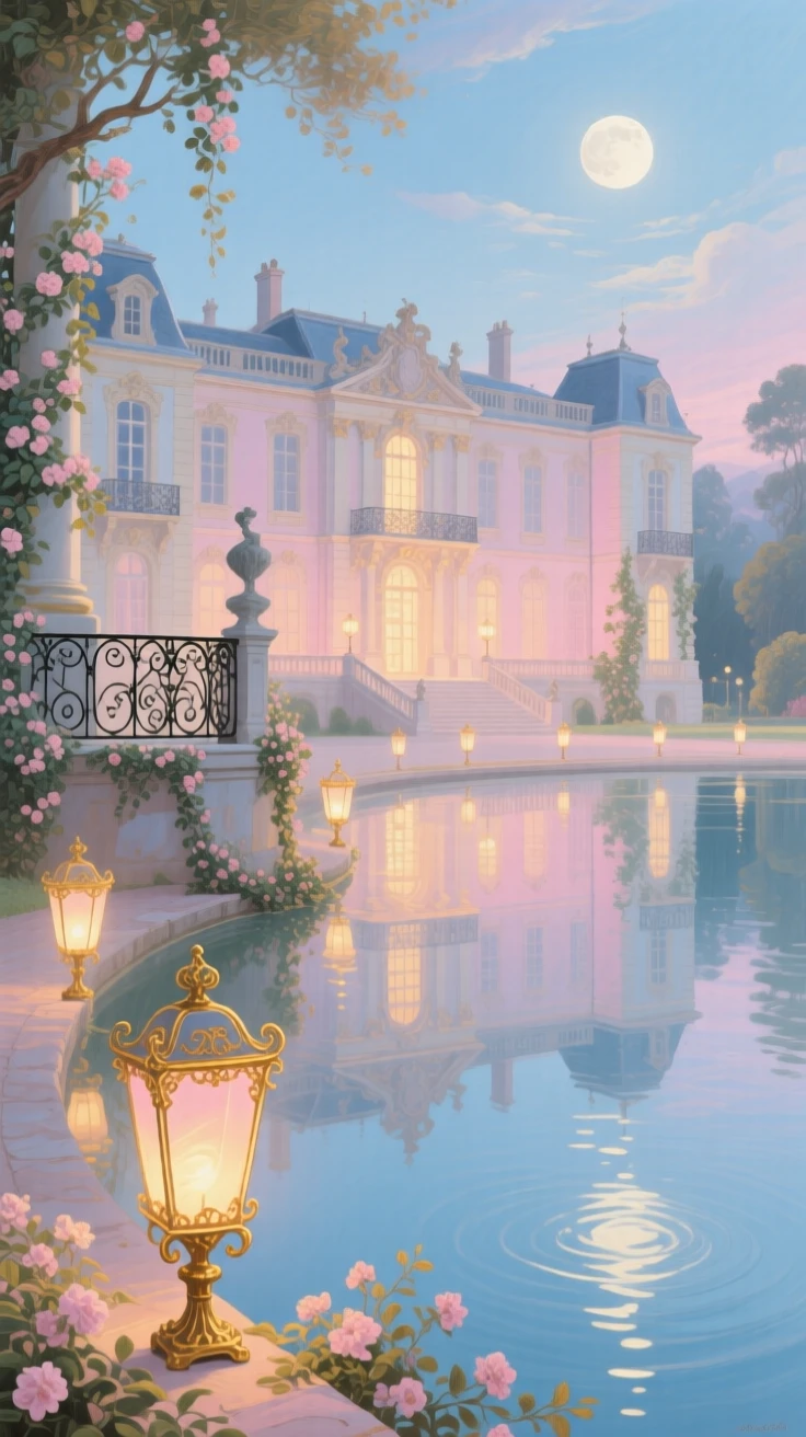 A moonlit palace reflected in a lake lined with glowing lanterns  