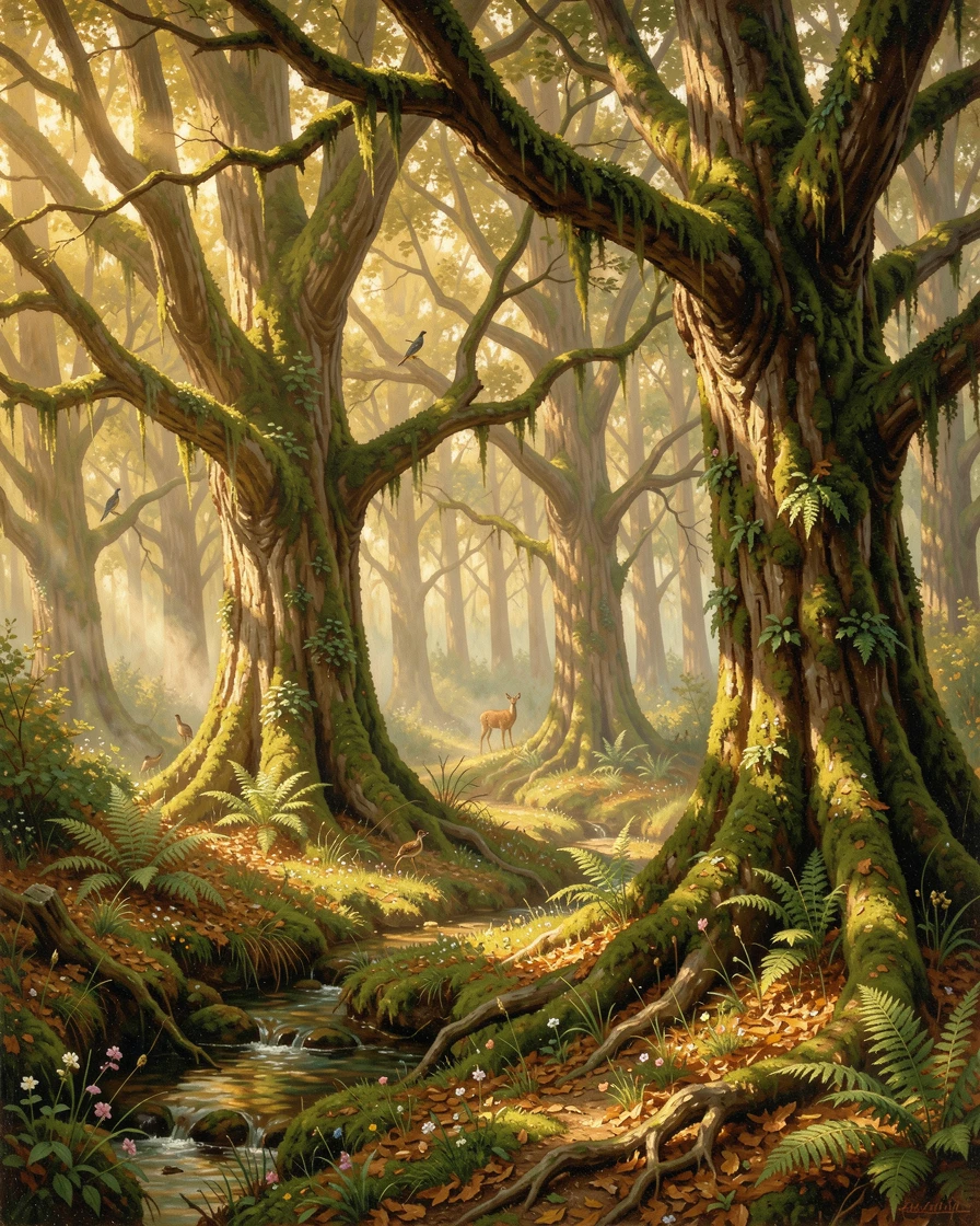 Sunlight filters through the canopy of an ancient, moss-covered forest.