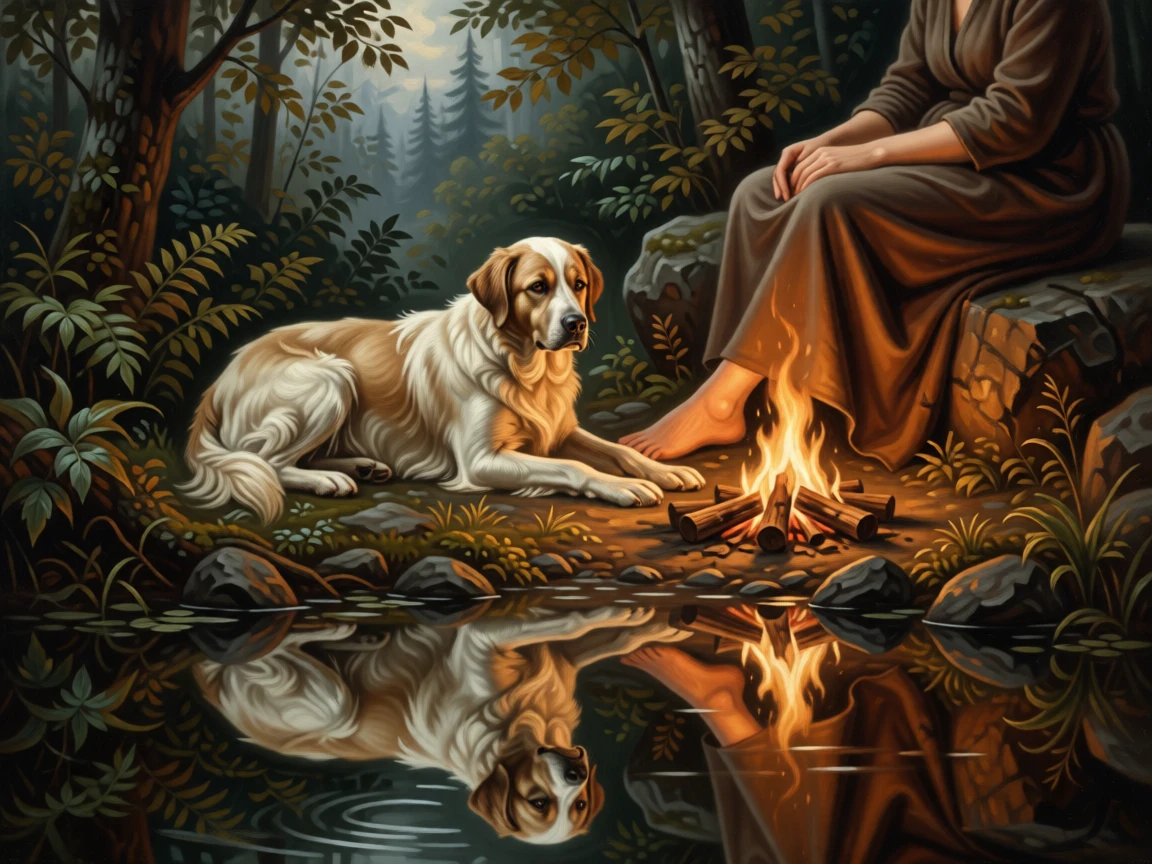 A gentle old dog resting faithfully at its owner's feet by the fire as instinct and elegance move in perfect harmony, set within an untouched wilderness far from human hands, with reflections in still water doubling the beauty of the moment; the composition balances raw power with graceful, natural stillness, capturing a quiet, breathtaking moment of wild grace.