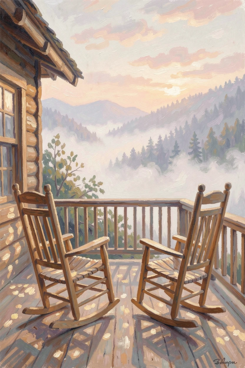 A cozy mountain cabin porch with rocking chairs overlooking a valley blanketed in morning fog, in the gentle hush of early morning, conveying a feeling of romance and tranquility.