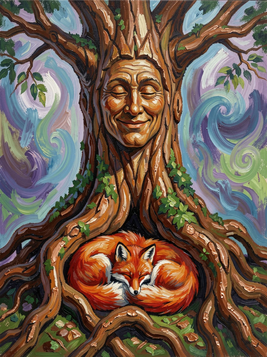 A wise old tree spirit with a face carved into ancient bark, roots cradling sleeping foxes.