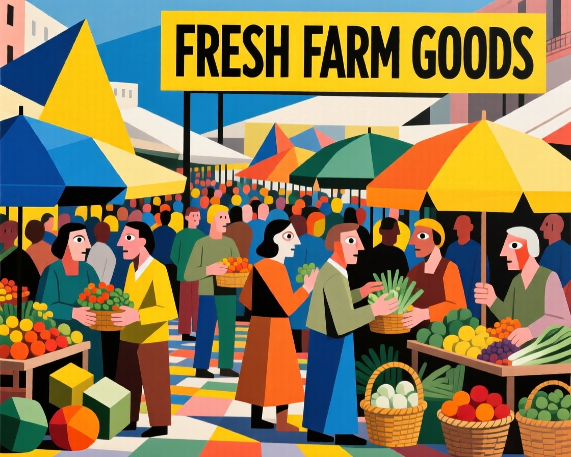 A vibrant scene of a busy open-air farmers market dotted with umbrellas shielding patrons from the sun.