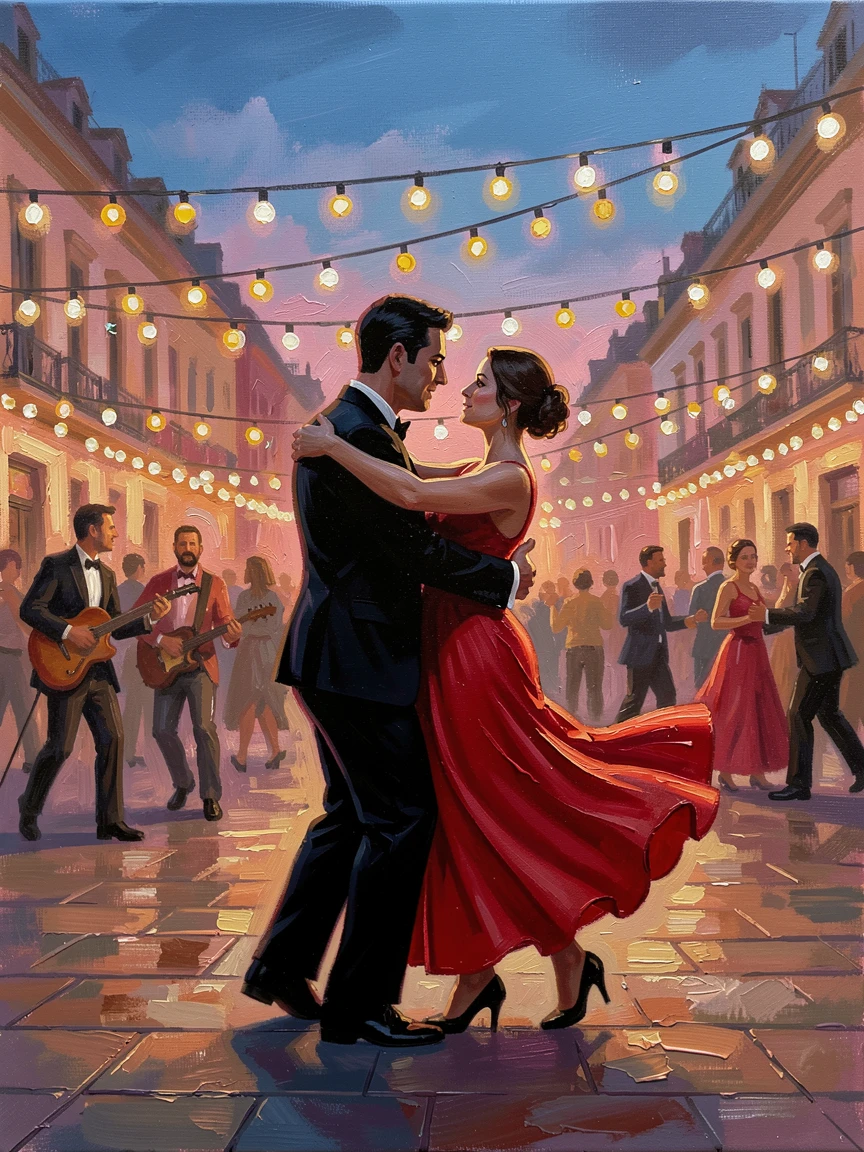 A tango couple dances passionately in a Buenos Aires plaza at dusk, their sharp movements silhouetted against warm string lights, the scene capturing a fleeting, candid moment within a larger ongoing celebration.