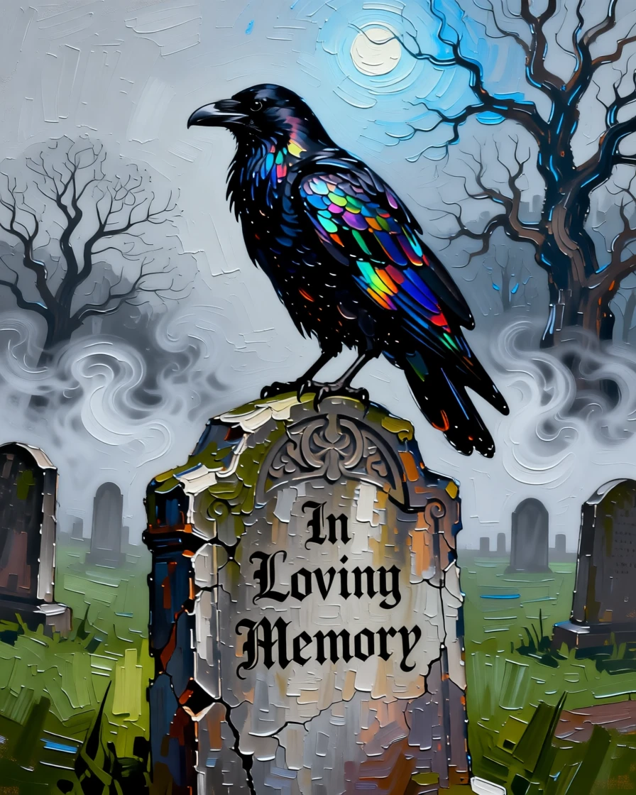 A raven perched atop a weathered gravestone in a fog-covered cemetery