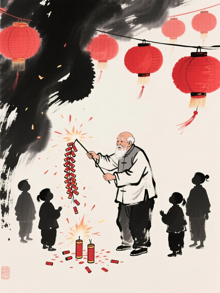 A grandfather lights a string of firecrackers as children watch from a safe distance, beneath strings of red lanterns swaying gently overhead.