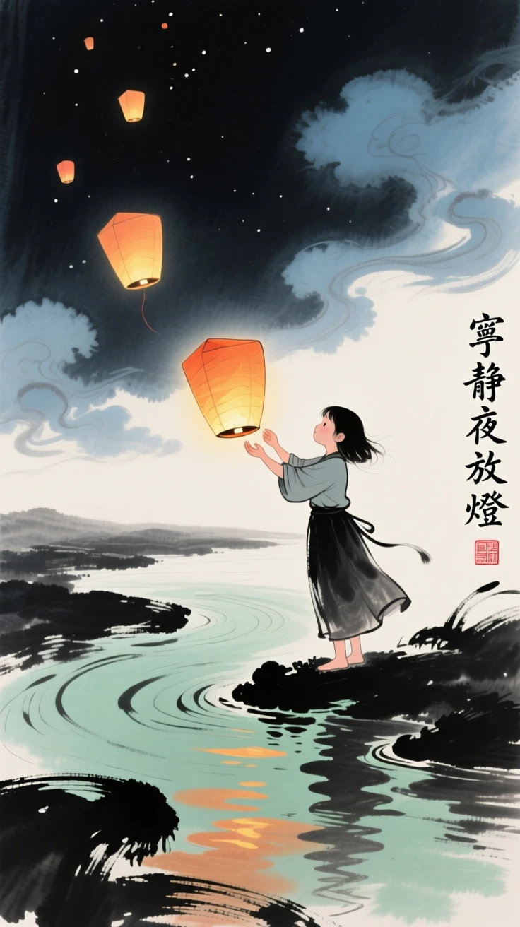 A young girl releasing paper lanterns onto a river at night, under drifting clouds, brimming with peaceful contentment.