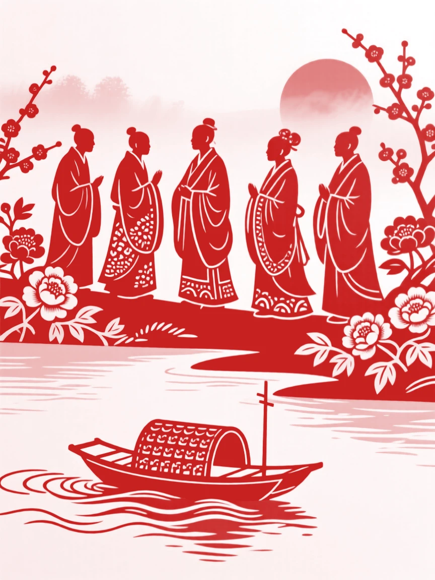 A composition of a group of pilgrims along a misty riverbank at dawn, a single boat drifting on the current far below.