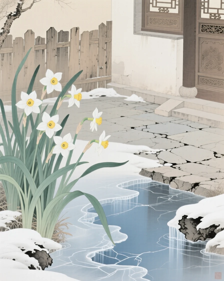 Narcissus blooming beside a frozen stream in the corner of a quiet scholar's courtyard