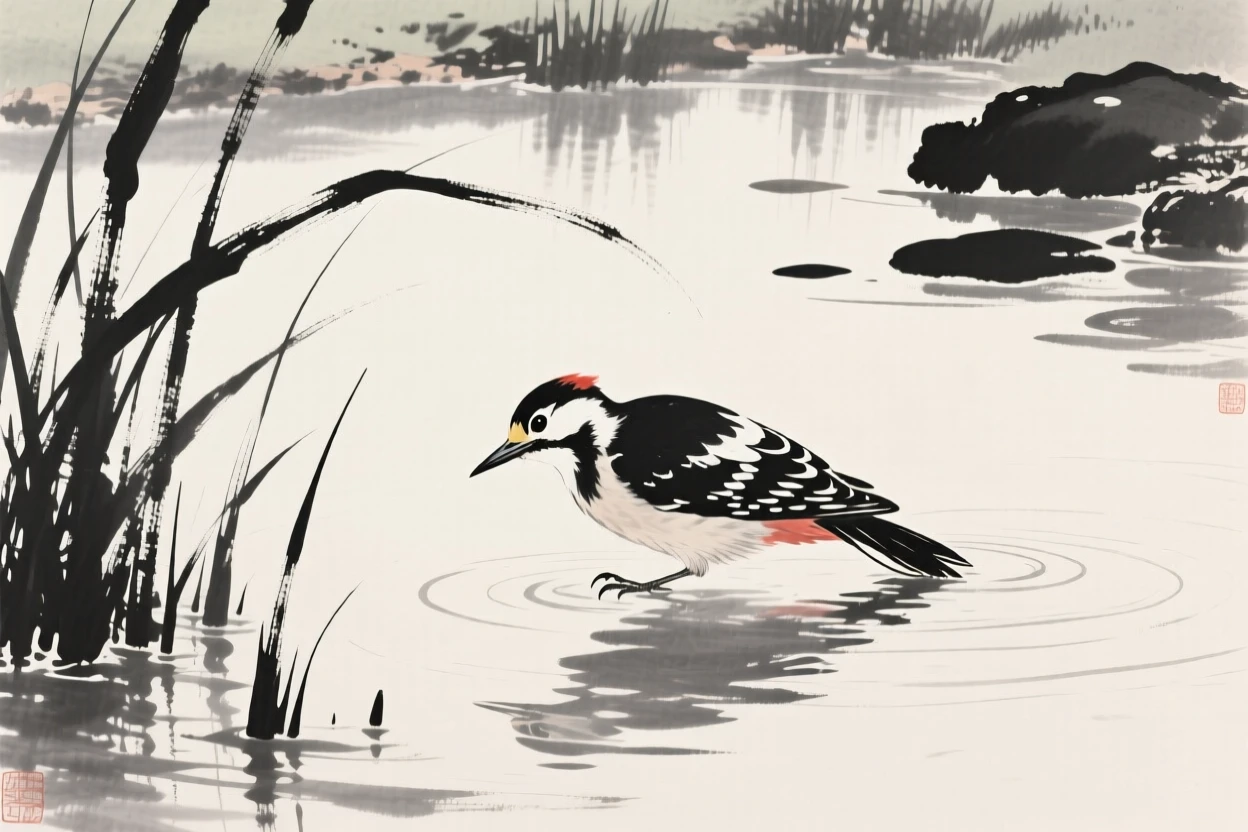 A woodpecker wading through shallow reeds over a tranquil garden pond, seen up close with delicate feather detail, evoking grace, freedom, and quiet elegance.