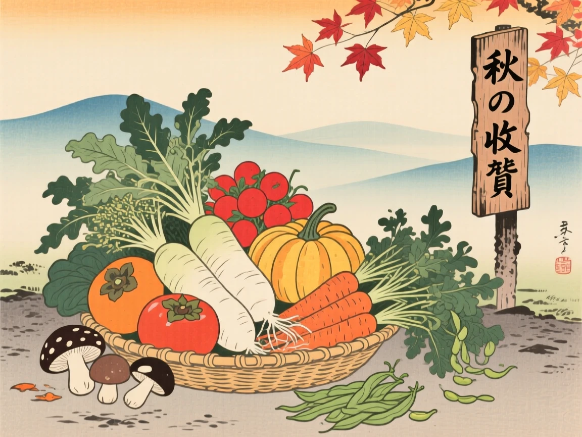 A bundle of fresh market vegetables piled high for the autumn harvest.