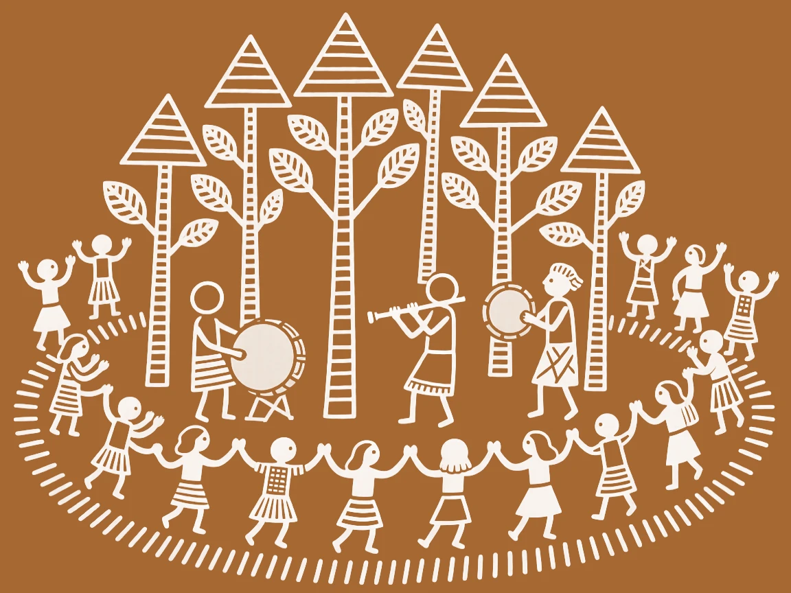A composition centered on a sacred grove filled with musicians and celebrating families.