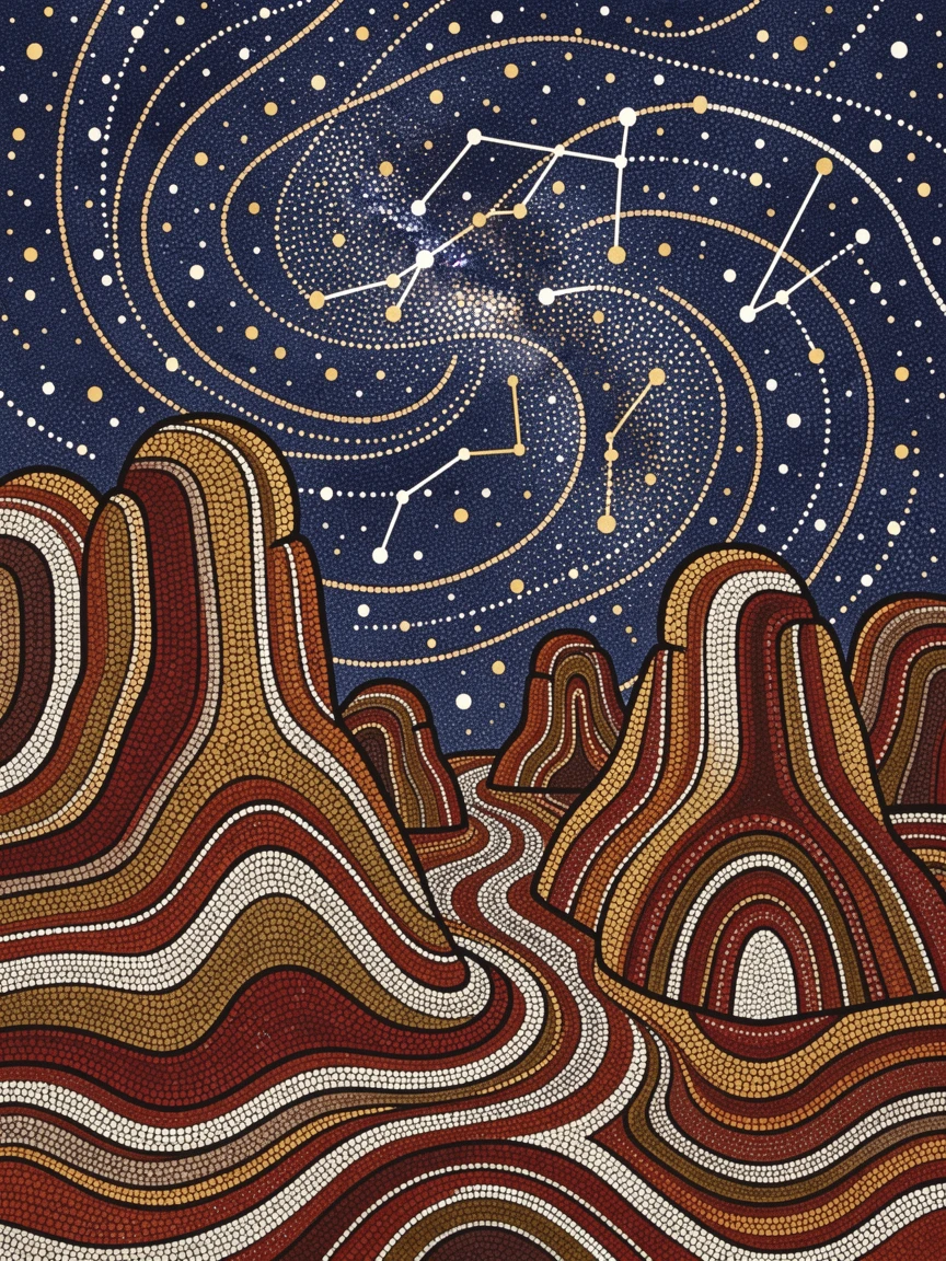 A limestone karst landscape beneath a starry night sky