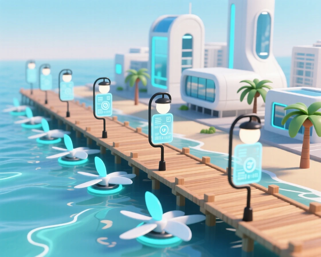 A futuristic coastal city with wave-powered turbines glowing beneath a boardwalk lined with holographic street lamps.