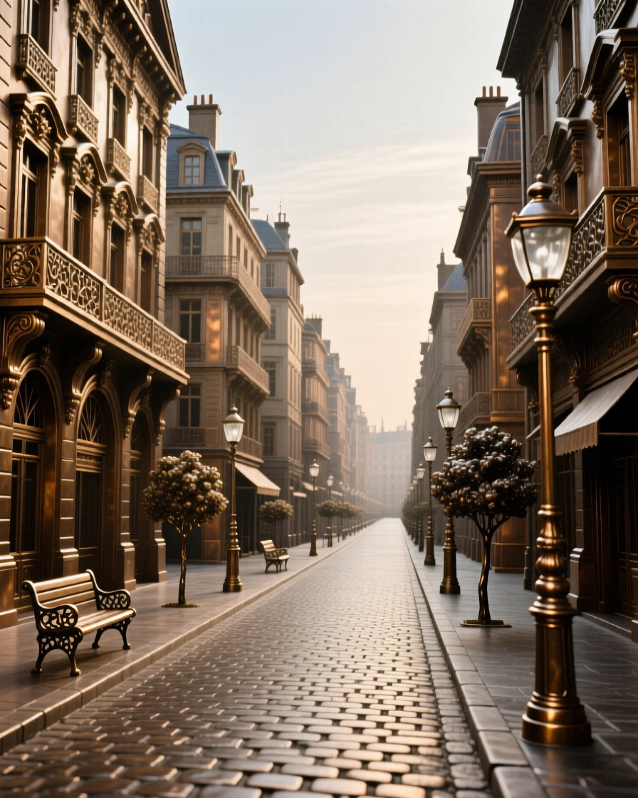 A grand european boulevard lined with historic buildings, captured with dramatic, sweeping perspective, exuding timeless grandeur