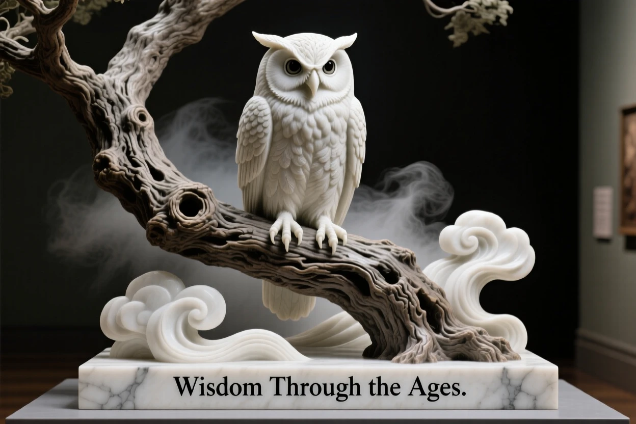 An evocative depiction of a wise old owl perched in an ancient oak, amid swirling clouds and mist, balancing detail with emotional depth