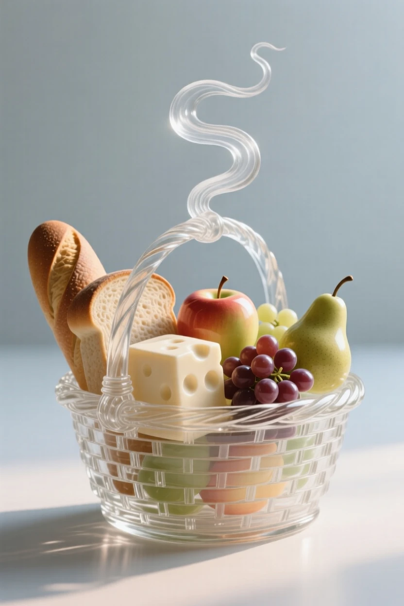 As steam rises gently into the morning air, a picnic basket filled with bread, cheese, and fresh fruit, while the scent of fresh baking fills the room