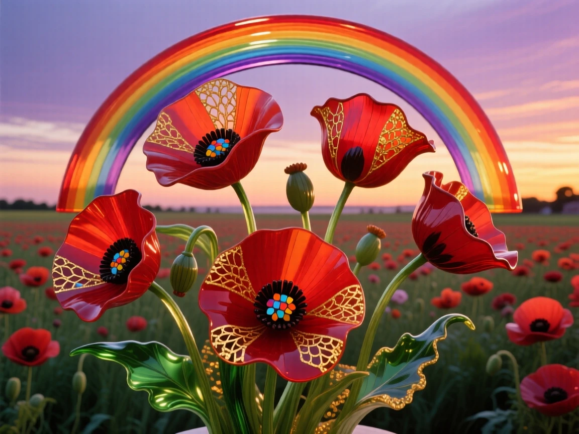 A field of blooming poppies stretching beneath a vivid double rainbow at dusk, hopeful and vivid.