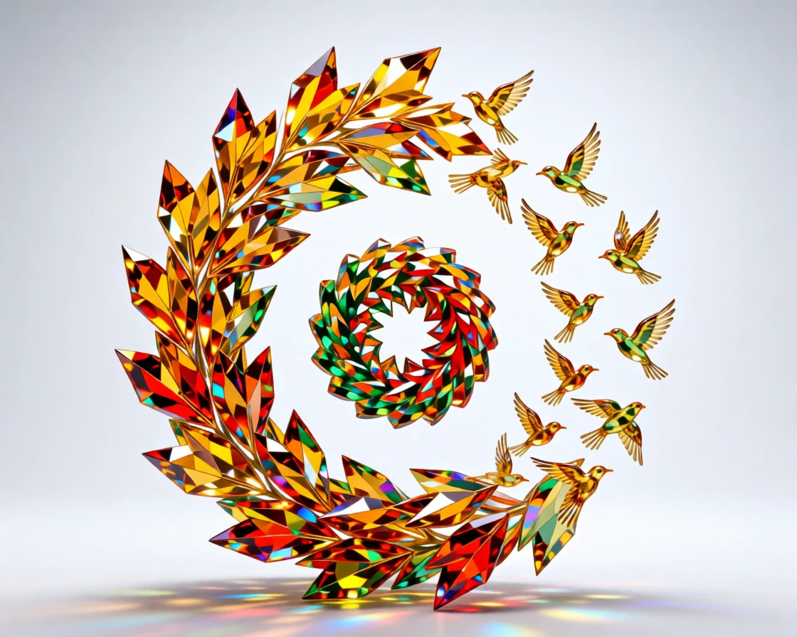 A surreal spiral of falling leaves transforming into flocks of small birds.