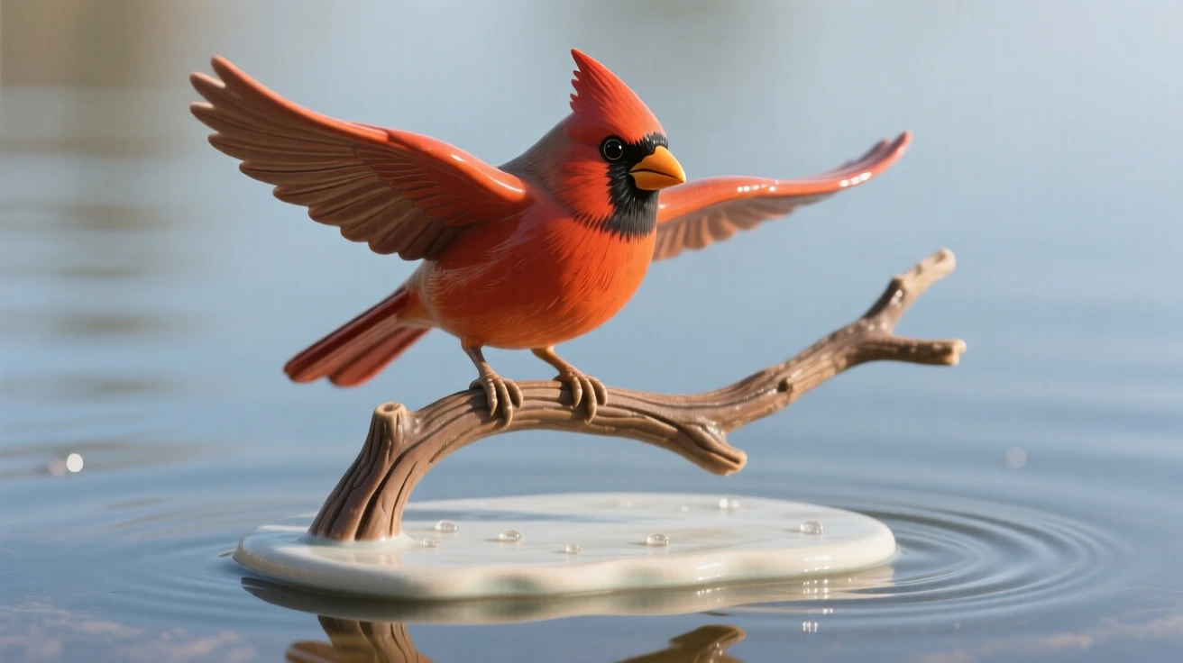 A cardinal perched in bright winter light caught gliding low over calm water, glistening with a light morning dew, conveying effortless elegance in motion.