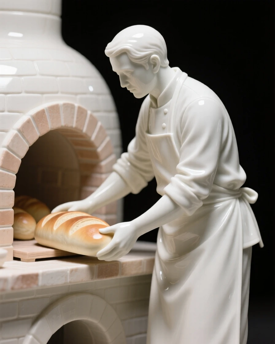 An everyday moment of quiet beauty: a baker pulling fresh bread from the oven, radiating simple, honest beauty.