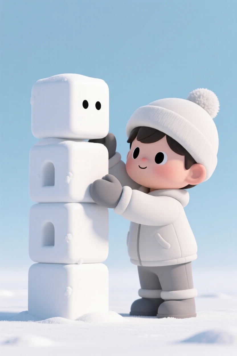 A determined snow fort builder stacks the final block, admiring a fortress nearly as tall as himself.