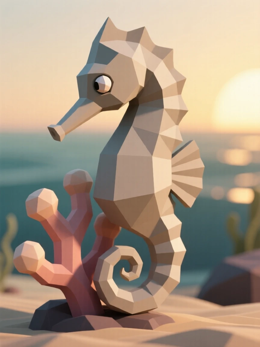 A seahorse curling its tail around soft coral, beneath a soft golden sunrise. delicate detail is visible in the fur and eyes. The scene radiates quiet strength.