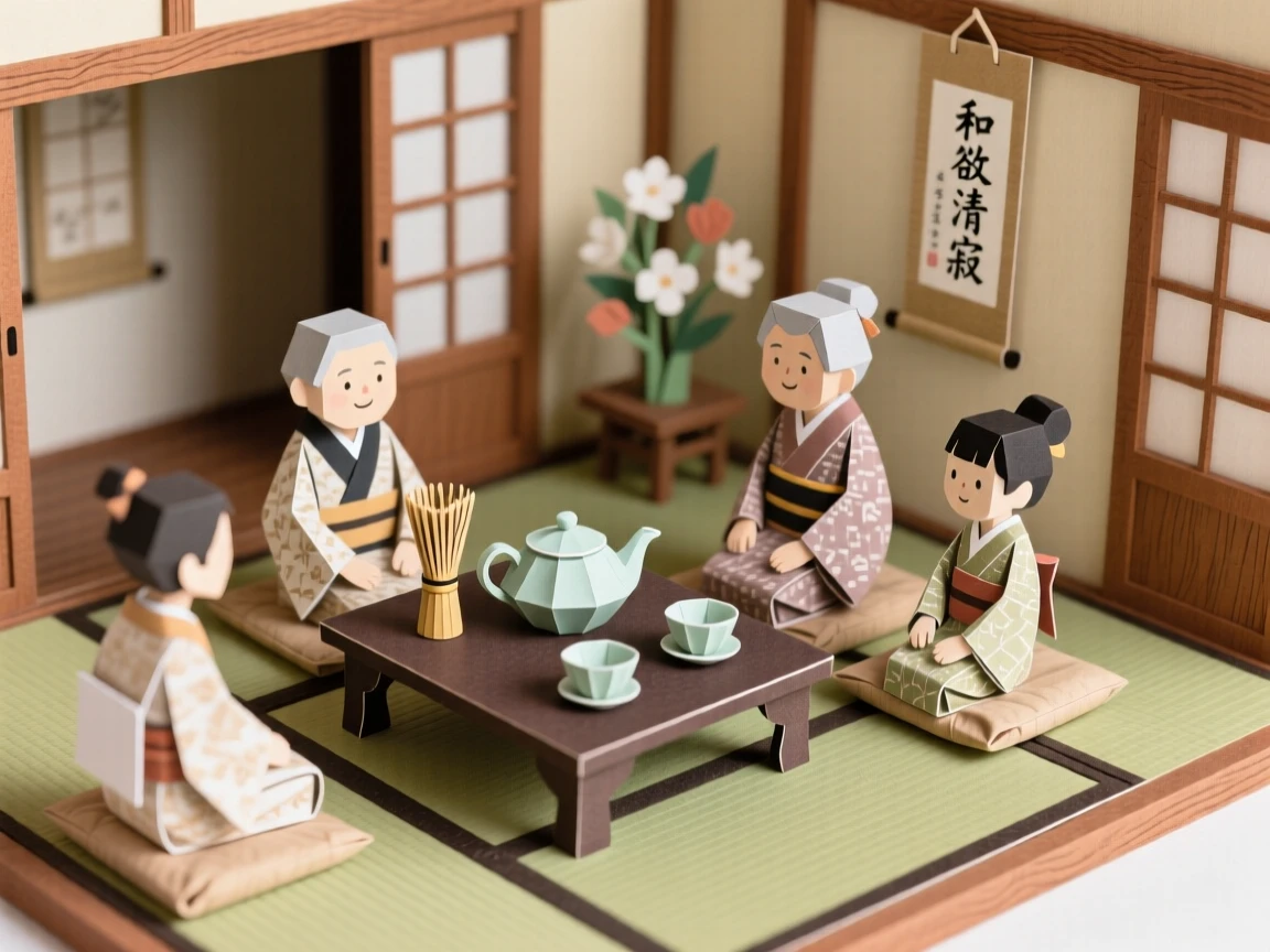 A traditional tea ceremony held in a serene tatami room, with generations gathered together in celebration, evoking timeless artistry and devotion.