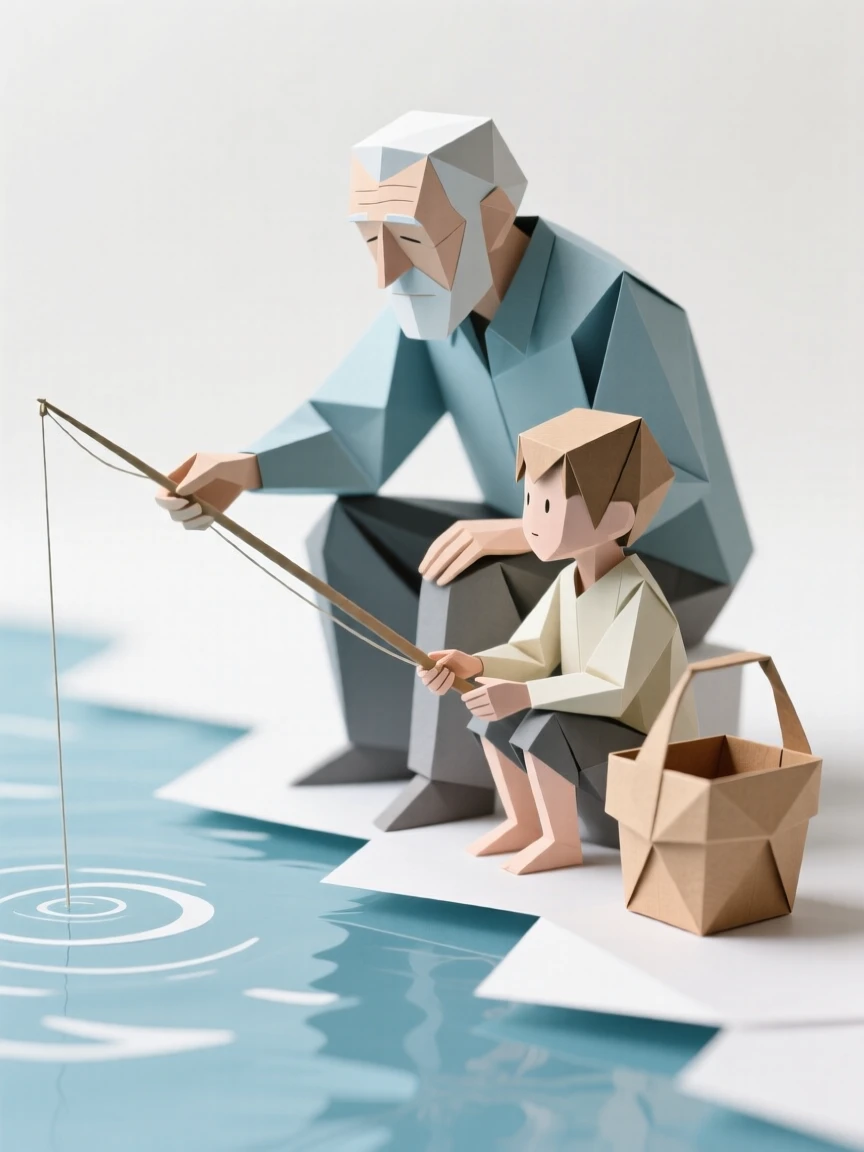 A grandfather showing his grandchild how to fish, both patiently waiting by the water.