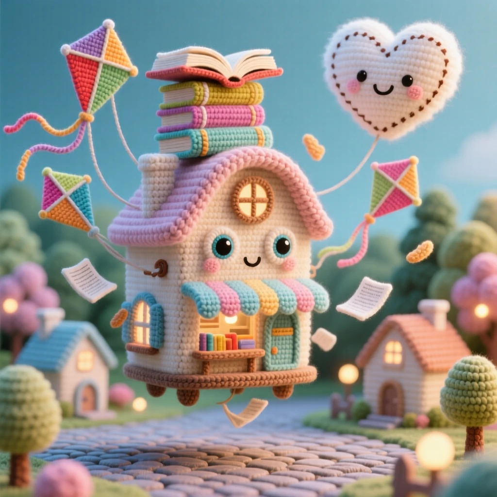 An imaginative scene of a small floating bookshop carried by kites with pages fluttering gently, drifting above a quiet village square nestled within a softly glowing forest; a single drifting cloud shaped like a heart nearby, full of quiet delight in an impossible little world.