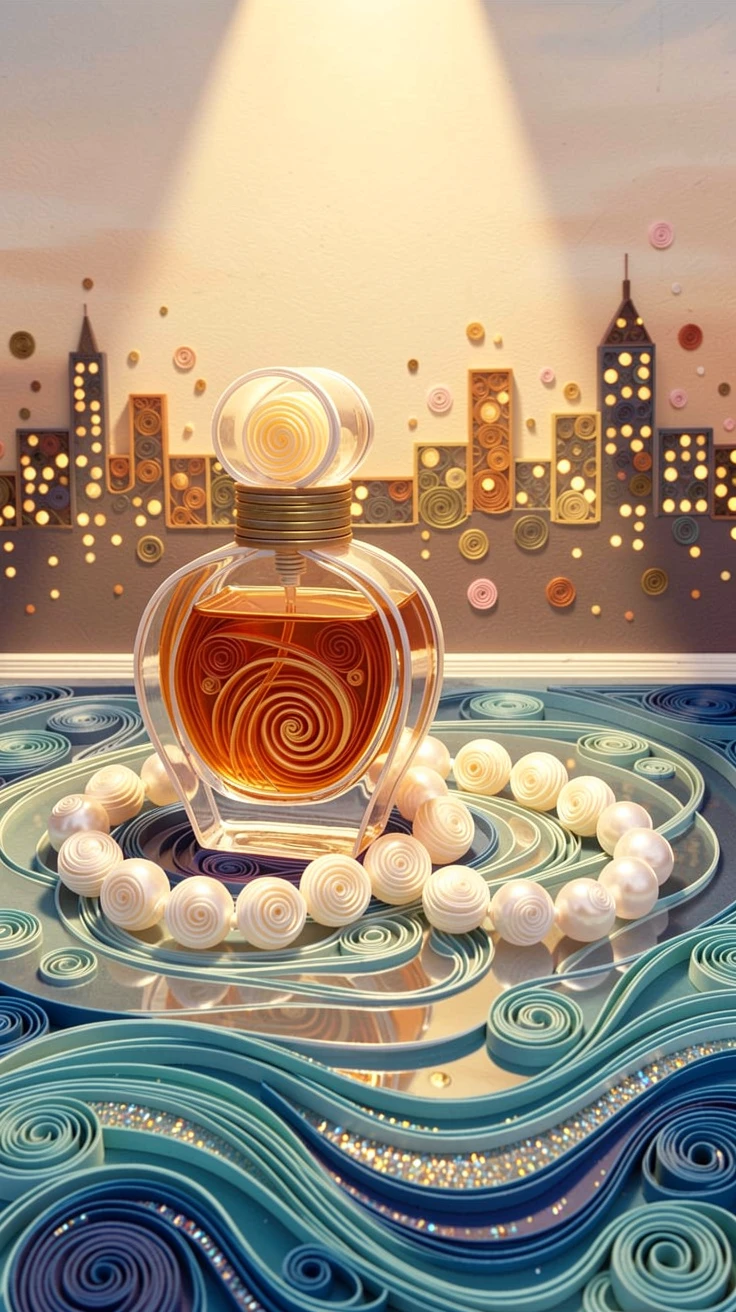 A sophisticated luxury scene of a perfume bottle beside a strand of pearls beside an infinity pool at golden hour, with soft city lights glowing in the background, composed with a soft glowing spotlight on the subject.