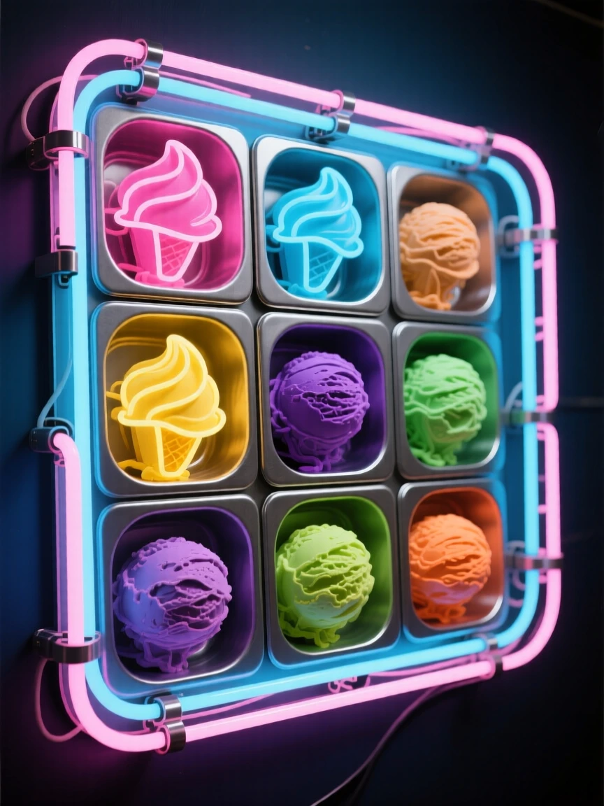 A tray of colorful gelato scoops arranged in metal tins.