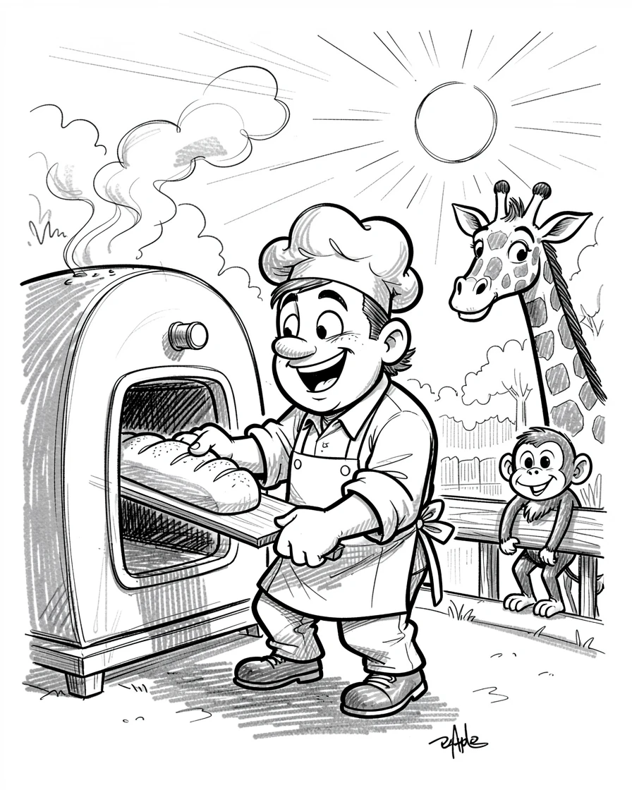 A baker pulling a fresh loaf of bread from the oven at a zoo on a sunny afternoon.