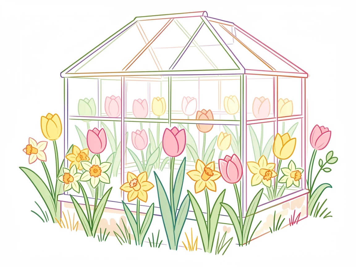 A spring greenhouse bursting with blooming tulips and daffodils.