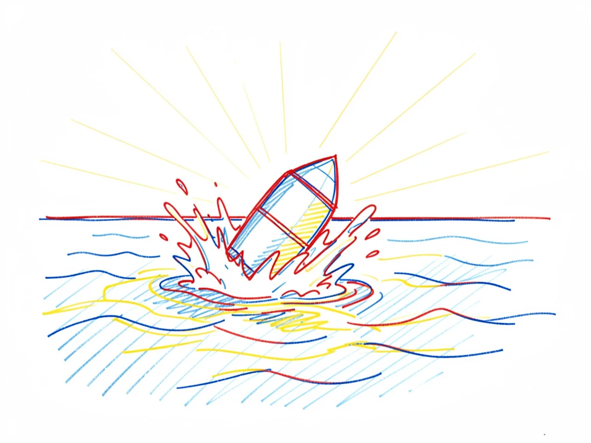 A rocket capsule splashing down in calm ocean water at sunrise