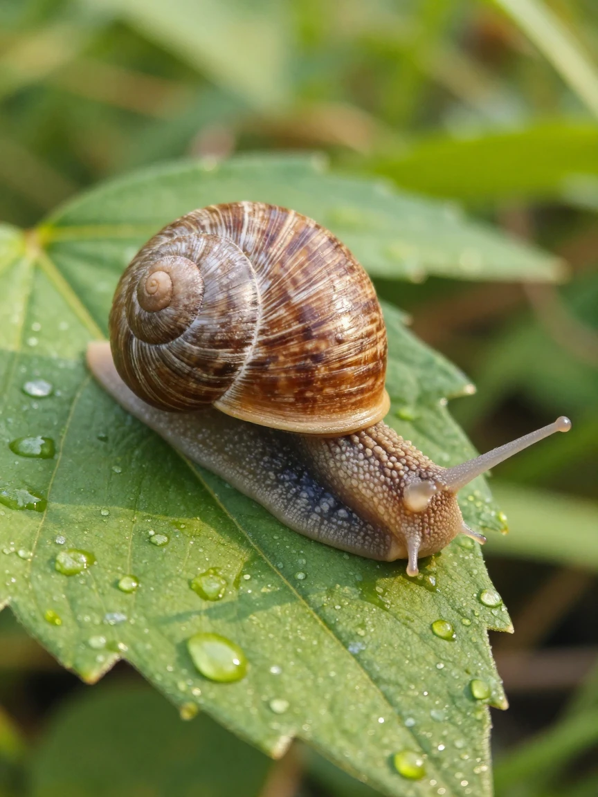 A close-up of a snail resting on a dew-covered leaf