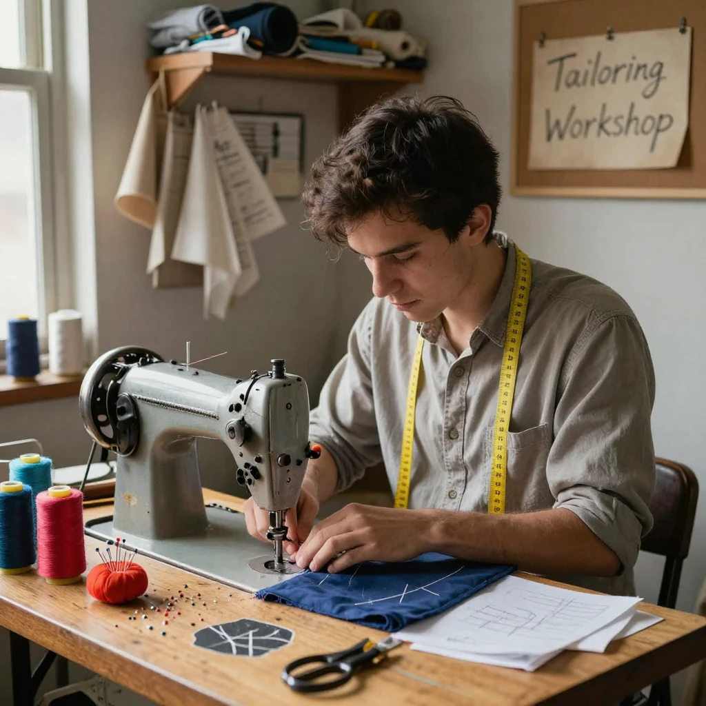 A tailor's apprentice threads a vintage sewing machine at a cluttered table.