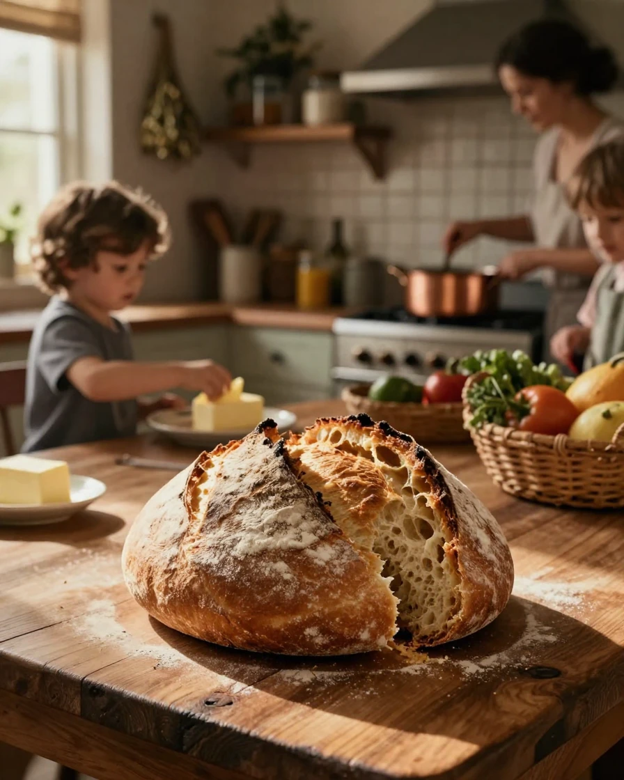 A rustic loaf of bread torn open to reveal a warm center, ready to be shared, in a bustling family kitchen