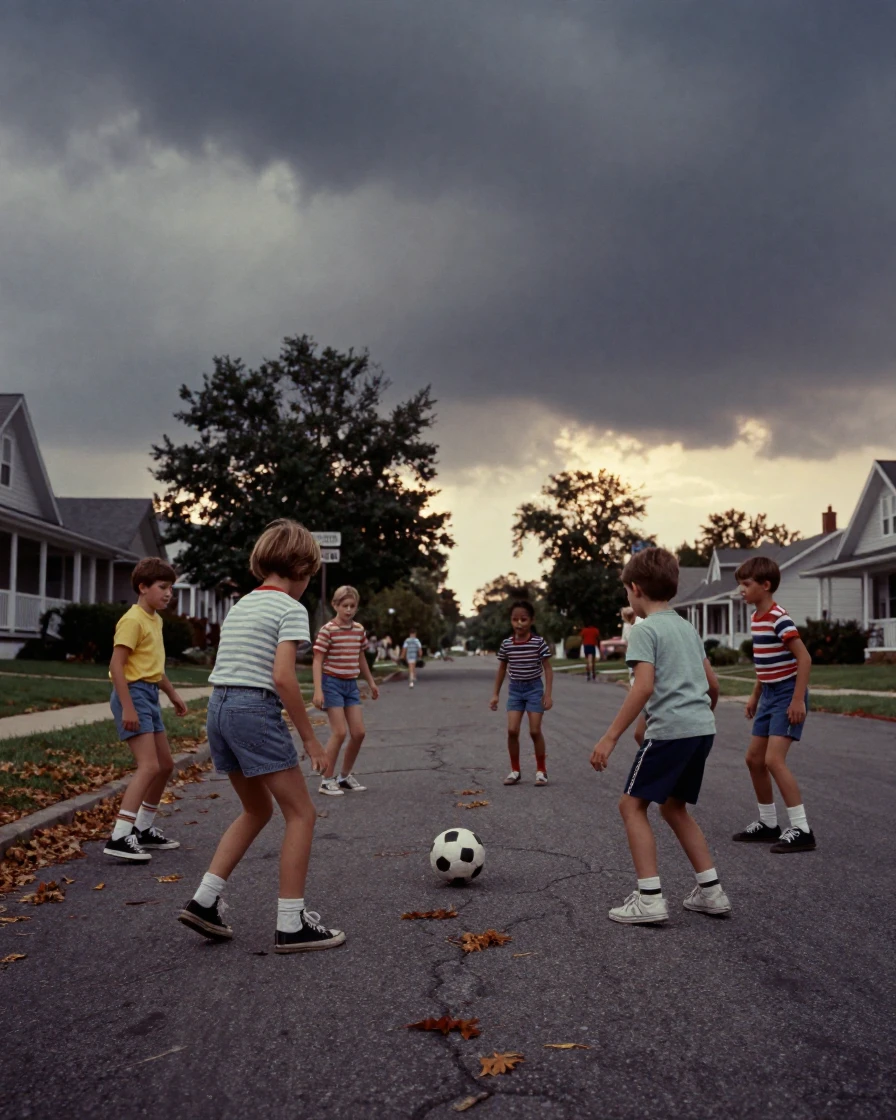 A group of children playing an impromptu game of street soccer, in the pale light just before sunrise, under a darkening storm sky, as summer fades into fall, with muted olive and rust colors, captured from a low angle looking up.
