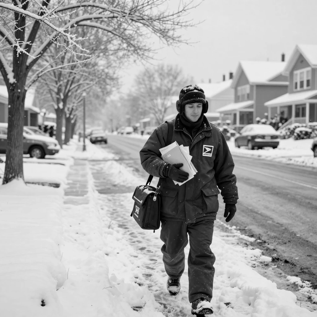 A postal worker delivers letters down a snowy street along a quiet snow-covered street.