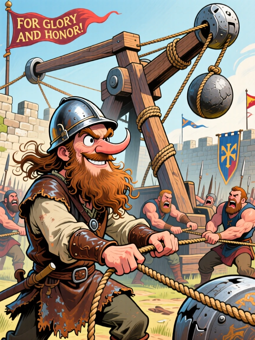 A medieval siege engineer directing a massive catapult being loaded for battle.