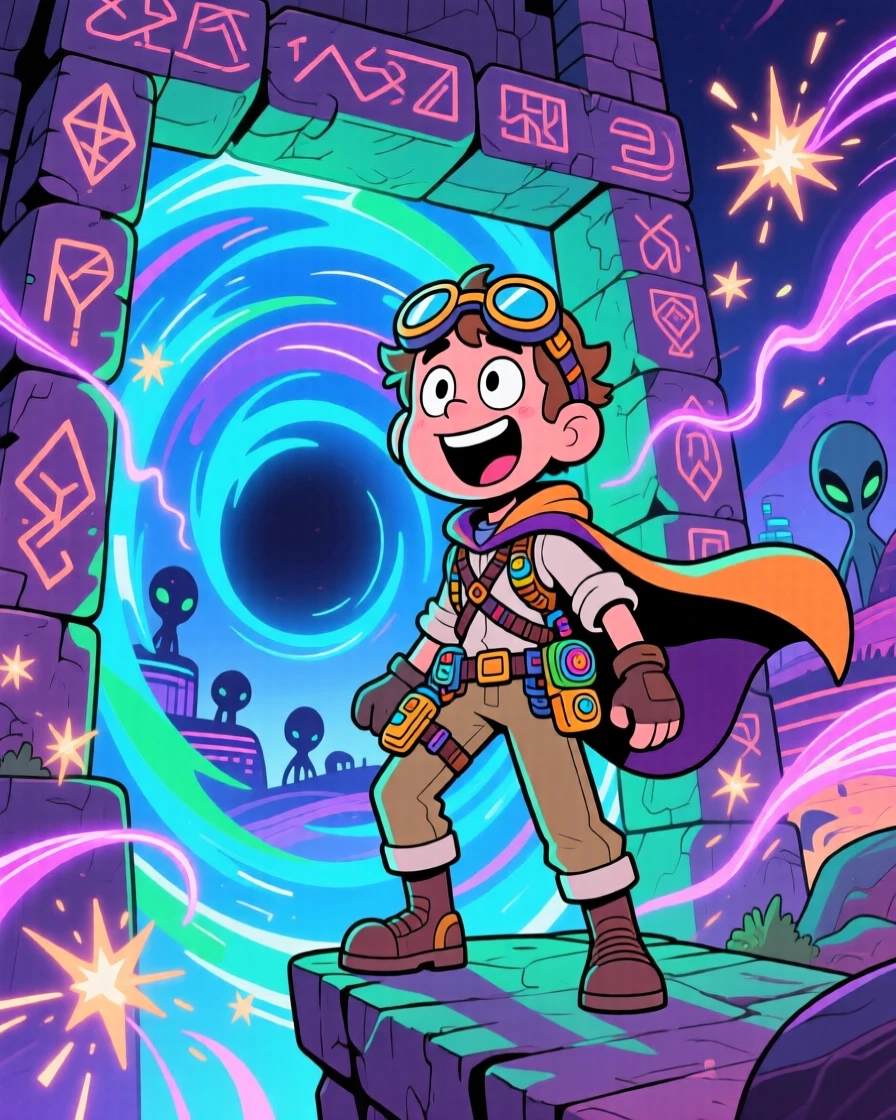 An imaginative fantasy scene of a time-traveling explorer discovering a portal shimmering with otherworldly light, as sparks of magic swirl through the air.