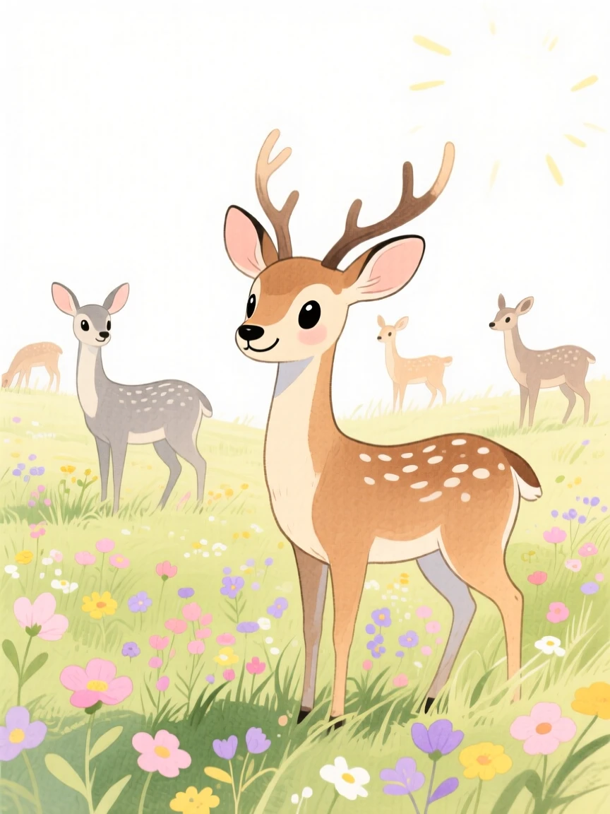A serene landscape of a meadow of wildflowers dotted with grazing deer bathed in warm afternoon sun
