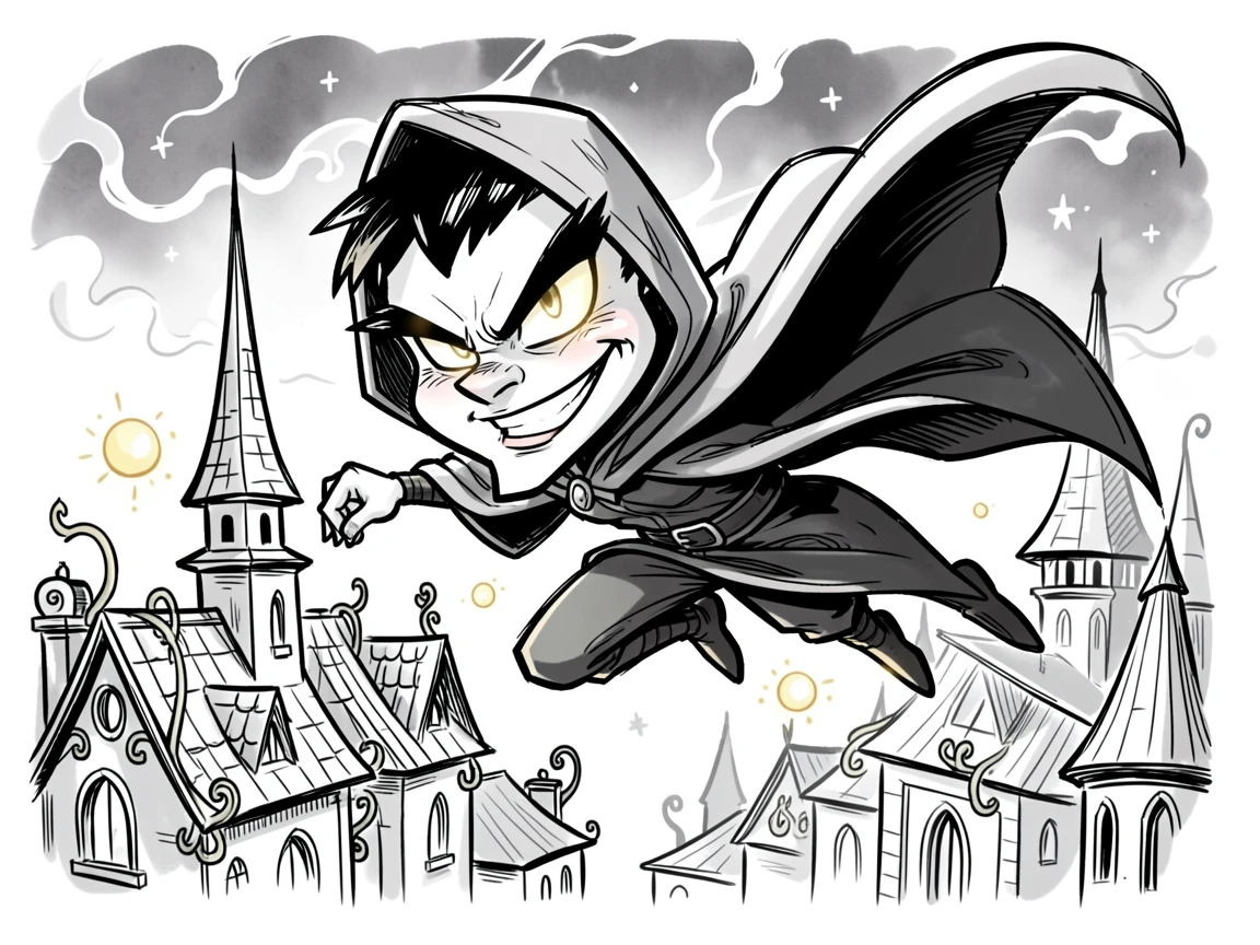 [Fantasy & Imaginative Scenarios] Imaginative fantasy scene of a valiant shadow assassin soaring above an ancient enchanted city, brimming with wonder