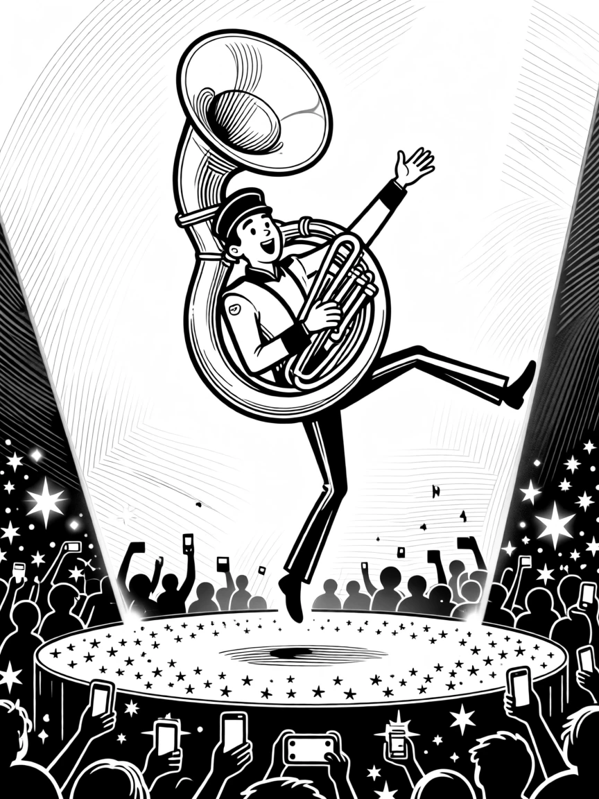 A marching band tuba player nearly toppling from the weight, hovering impossibly high above the stage floor, set on a glittering tap-dance stage. The crowd's phone lights twinkle like stars. It radiates the joy of losing yourself completely in sound.