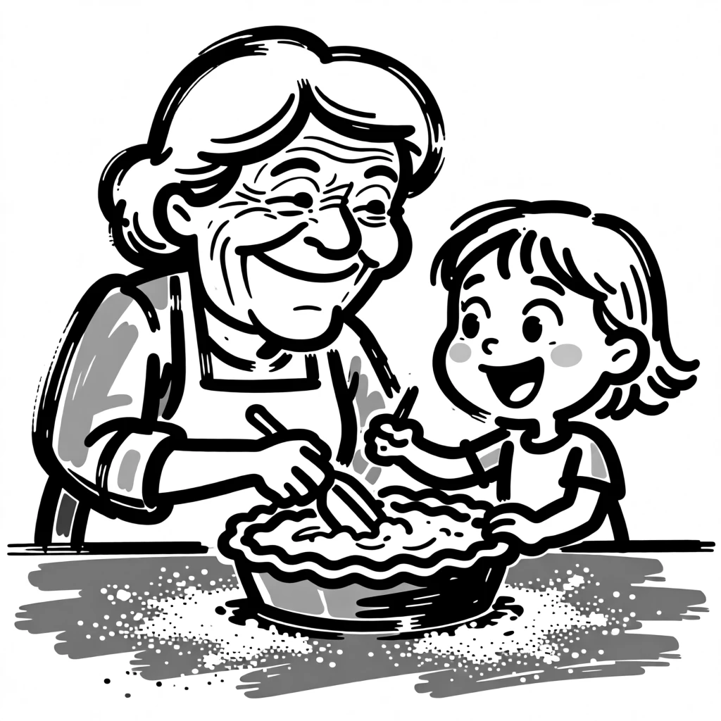 A grandmother and granddaughter baking a pie together, flour dusted across the counter.