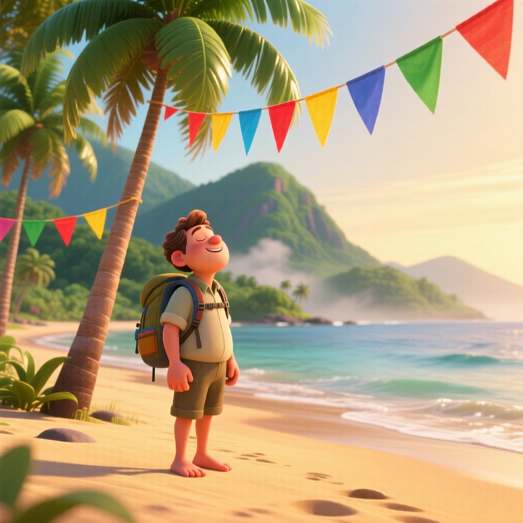 A solo hiker pausing to rest stands on a tropical beach lined with swaying palm trees, pausing to breathe in the fresh mountain air. The mood is adventurous, peaceful, and awe-inspiring, with colorful flags fluttering nearby.