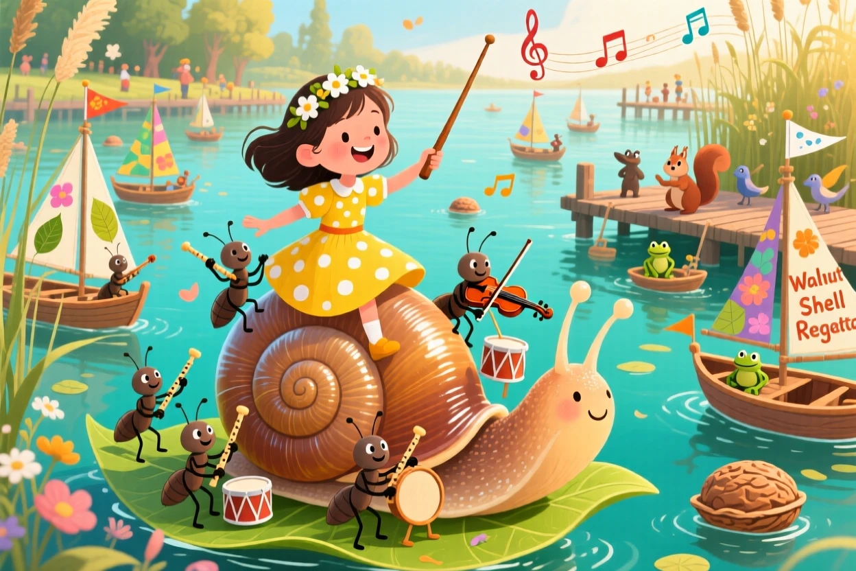 A girl riding a giant snail delights in conducting an orchestra of chirping crickets, tucked within a bustling harbor for walnut-shell boats, as a soft melody seems to hum through the air.