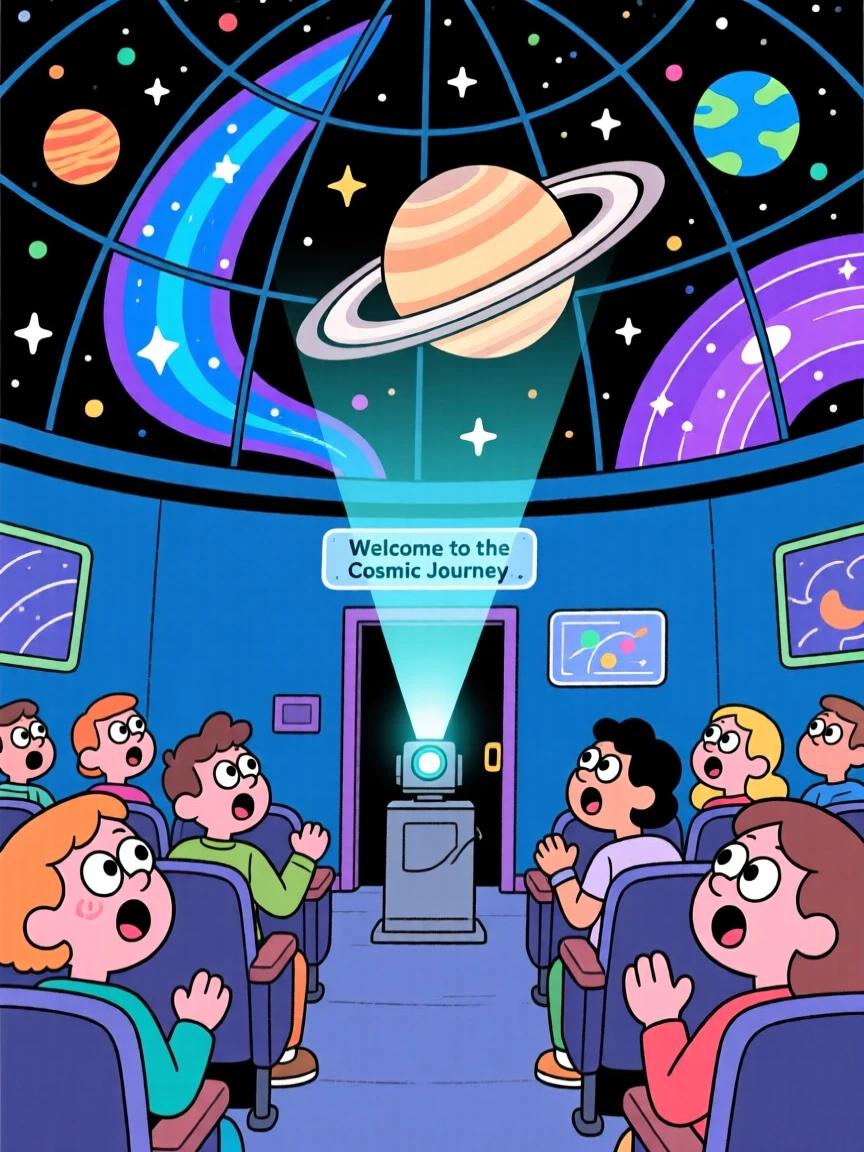A planetarium show illuminating amazed faces in the audience.